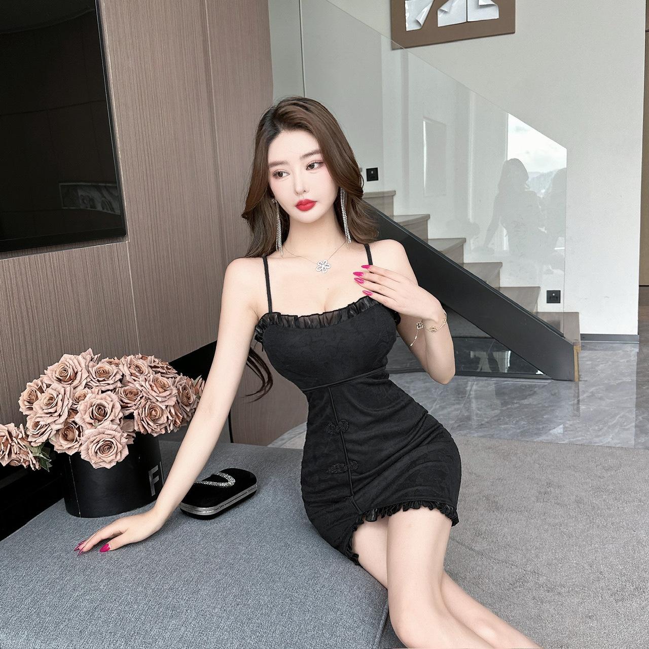 Sexy little lace low-cut off-the-shoulder suspender hip-wrapped bottom lace irregular waist and thin dress S чёрный