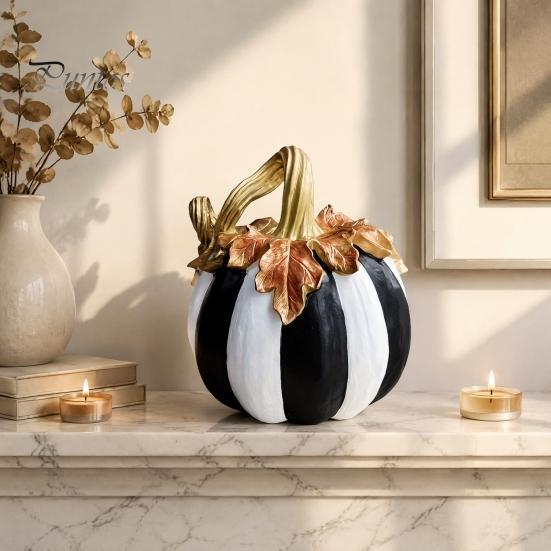 Halloween Pumpkin Decor Black And White Striped Ornament, Retro Style Resin Sturdy Indoor Desktop Decoration Tabletop Centerpiece, Ornament