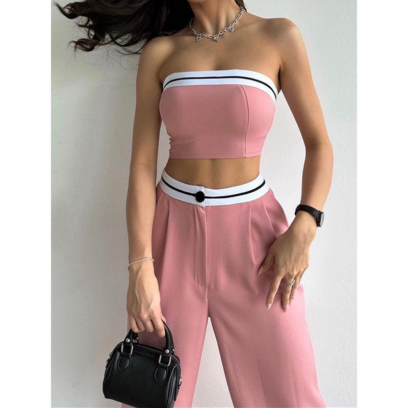 European and American Gyaru Contrast Color Tube Top Vest Wide Leg Pants Set Women Tight and Wide Leg Pants Set