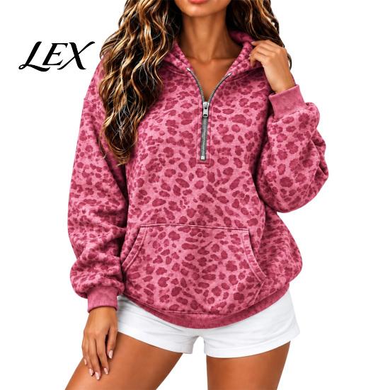 Kadın Oversize Sweatshirt Leopar Desenli Kapüşonlu, Yarım Fermuarlı Kapüşonlu Kanguru Cep Cepli, Sonbahar Uzun Kollu Günlük Kazak Üst İlkbahar Sonbahar