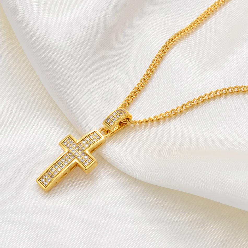 Anniyo Charm Cross Pendant Necklaces Women Men Gold Color Cubic Zirconia Necklace Religion Jewelry Christianity Catholic @007025 45cm OR 17.7 Inches