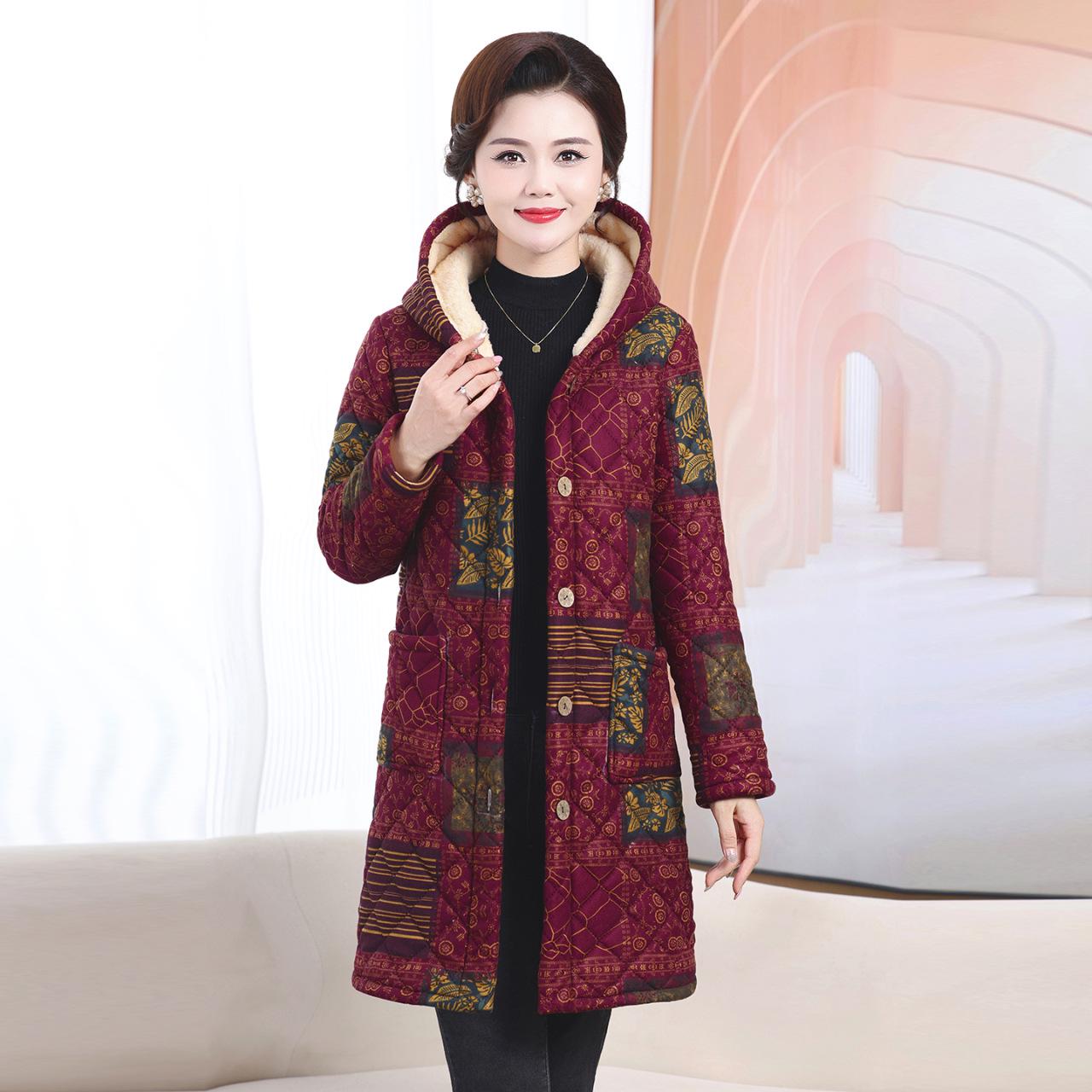 

Mid-Aged & Elderly Women s Hooded Fleece-Lined Winter Coat, Warm Mid-Length Jacket, Fashionable New Style. 2XL: 50-57 kg красный