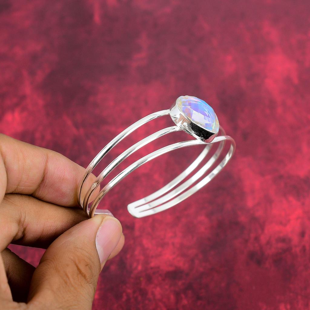 Mystic Topaz Bangle Gemstone Jewelry, 925 Solid Sterling Silver Adjustable Chain Bangle, Gift For Women Handmade Bangle