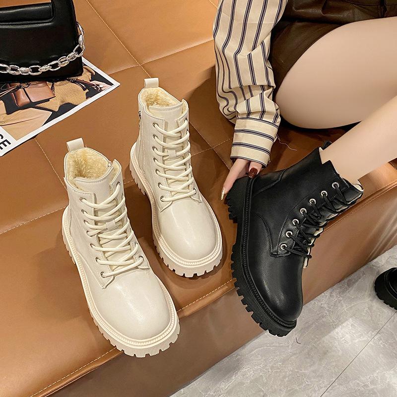 Martin Boots Women's Shoes Spring and Autumn 2024 New High-top Casual Platform Short Boots Square Root Lace-up Velvet Locomotive Boots Women