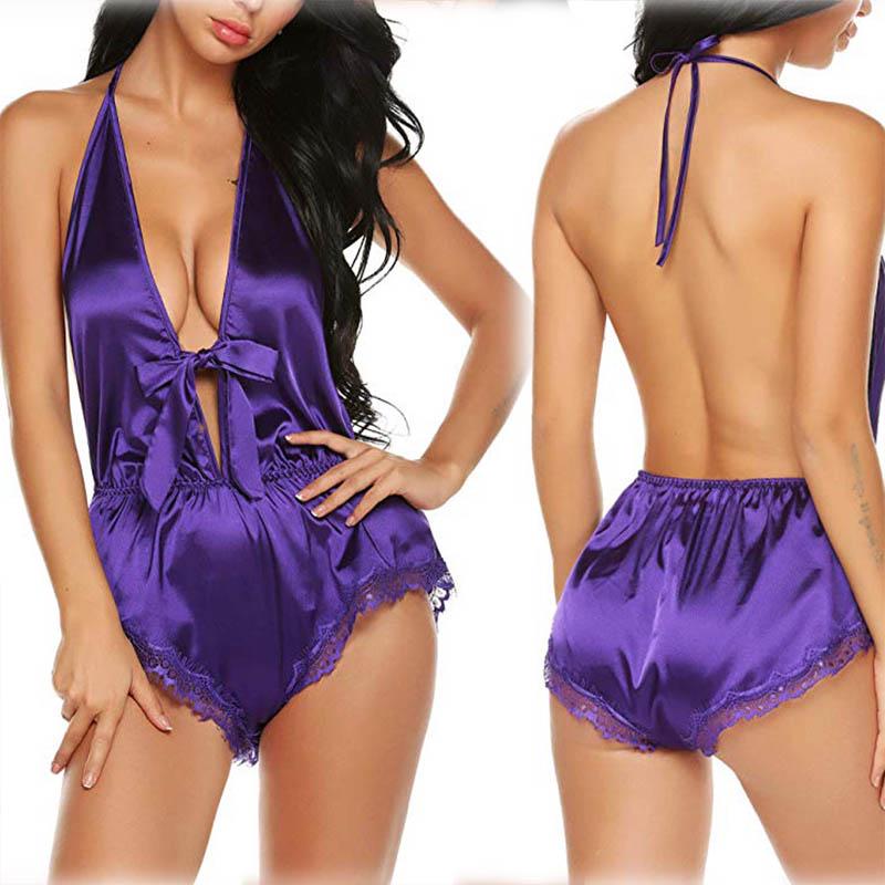 Fashion Silk-like Pajama Smooth Lingerie Set Satin Lace Nightwear Sleepwear Women