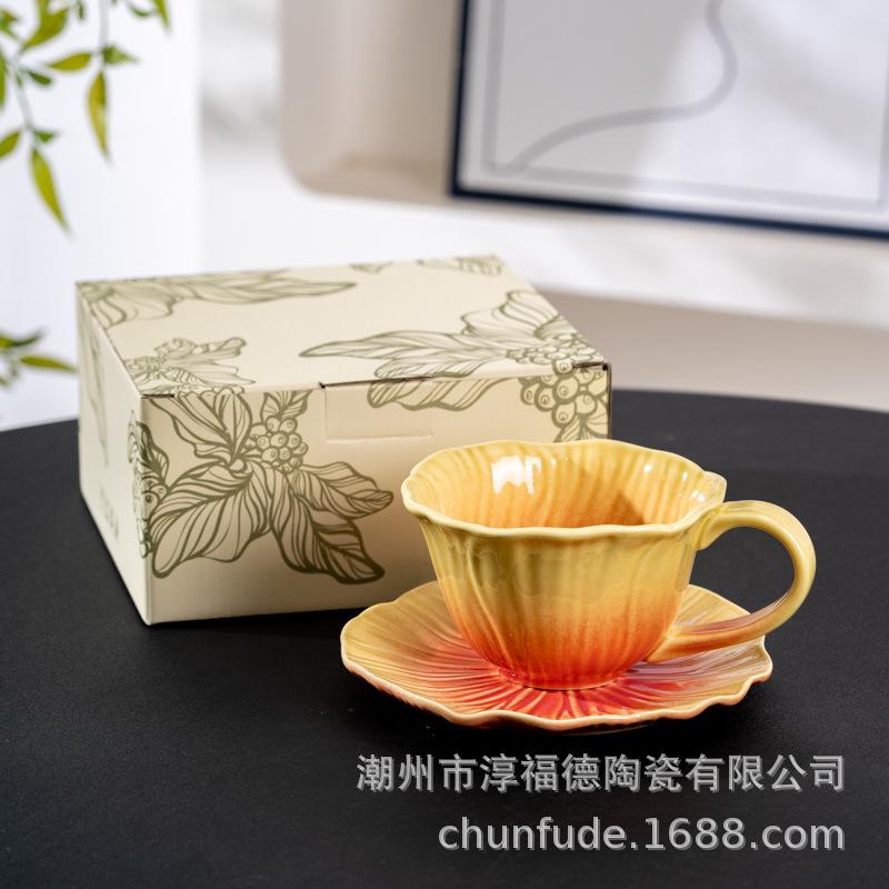 Hand-Painted Kiln Lower Color Flower Ceramic Coffee Cup And Saucer Design Sense Niche Women High Value Latte Cup