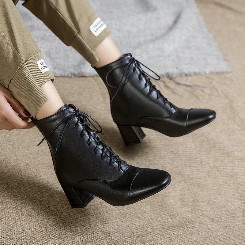 Lace-up short boots women's boots autumn versatile medium heel black British thick heel Martin boots autumn and winter Martin boots