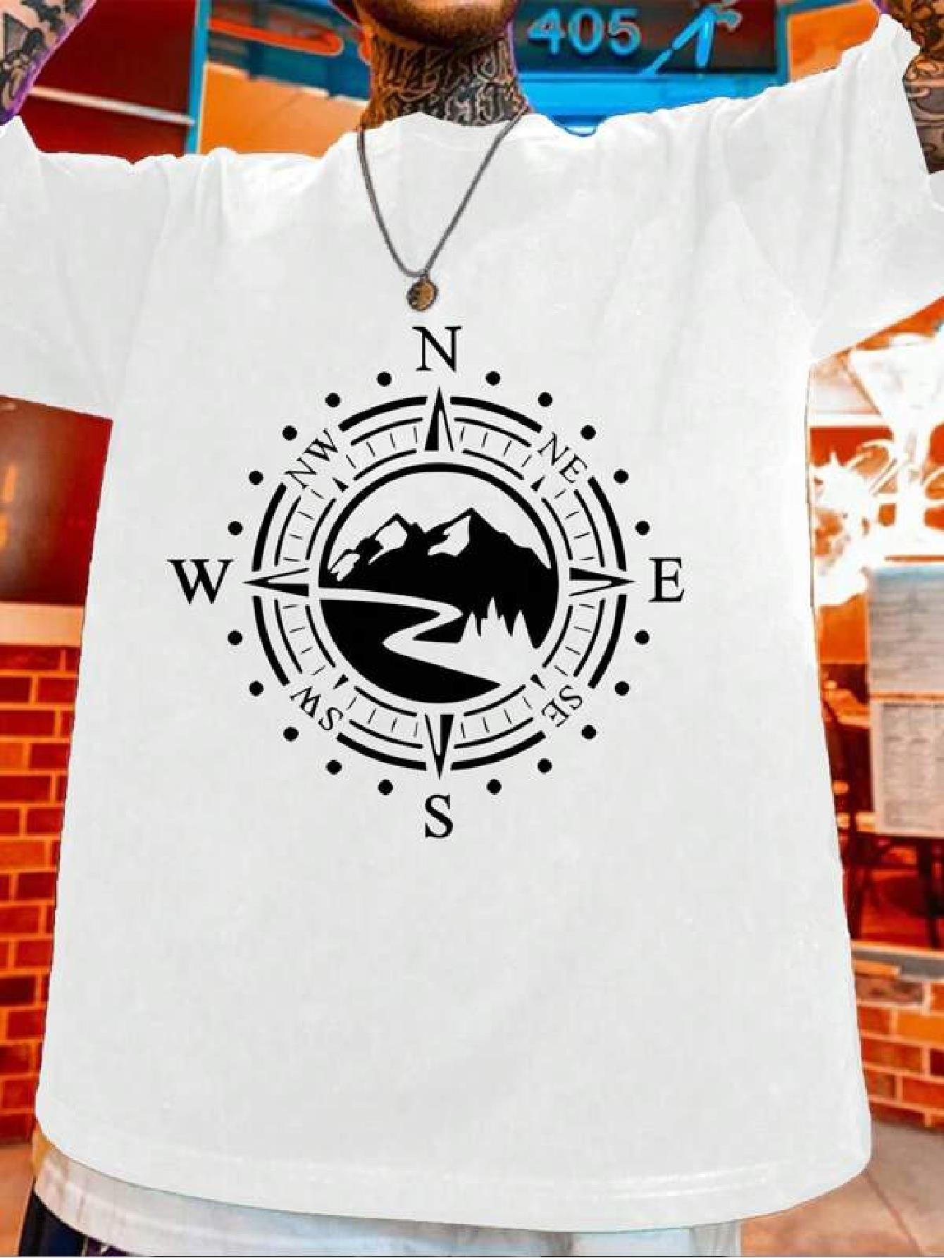 T-shirt with Mountain Landscape Print - Crew Neck XXXL
