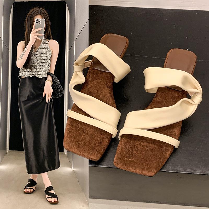 

[Sufficient stock] One-word sandals French high-end sandals women s shoes wear red thick heels in summer 40 бежевый