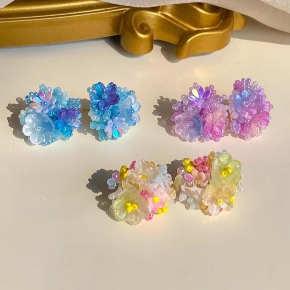 Sweet Temperament Dopamine Colored Beaded Flower Stud Earrings for Women Fashion Cute Summer Vacation Jewelry Accessories Gifts