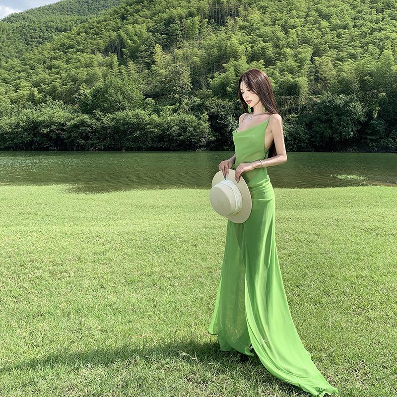 Western Sichuan Grassland Design Sense Green Swing Neck Slightly Transparent Chiffon Suspender Dress Backless Vacation Beautiful Long Dress