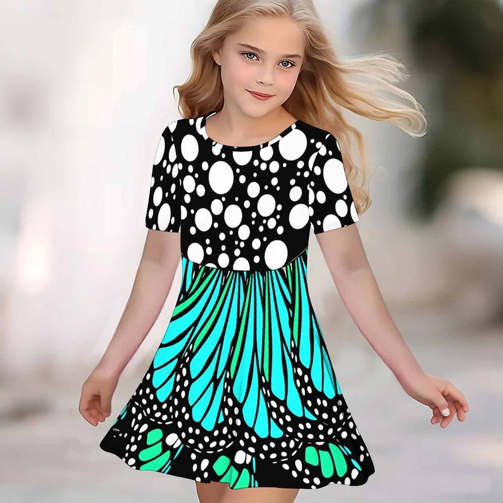 Girls 3D Print Dresses Kids Girl Party Short Sleeve Princess Dress Tank 3D  Flowers  Print Dress