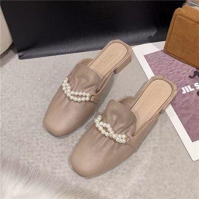 Women Slip On Mules Low Heel Backless Square Toe Half Slippers Pearl Chain Decoration Casual Outdoor Shoes