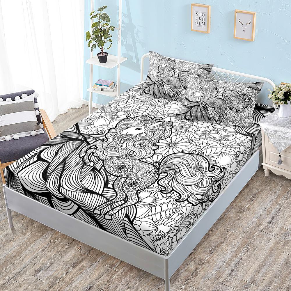 Cartoon Unicorn Mattress Kit, Mattress Three-Piece Set, Bedspread, Pillowcase, Mattress Protective Cover.