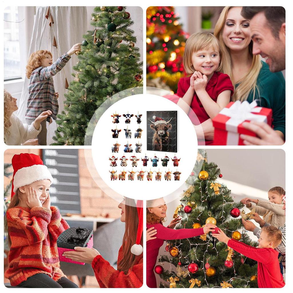 2D Hochlandrind Acryl Ornamente für Fenster Auto Spiegel, 24 Stück Niedliche Tier Anhänger für Kinder Weihnachten Adventskalender Blindbox
