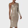 2025 European & American One-Shoulder Sequin Evening Dress with Oblique Collar