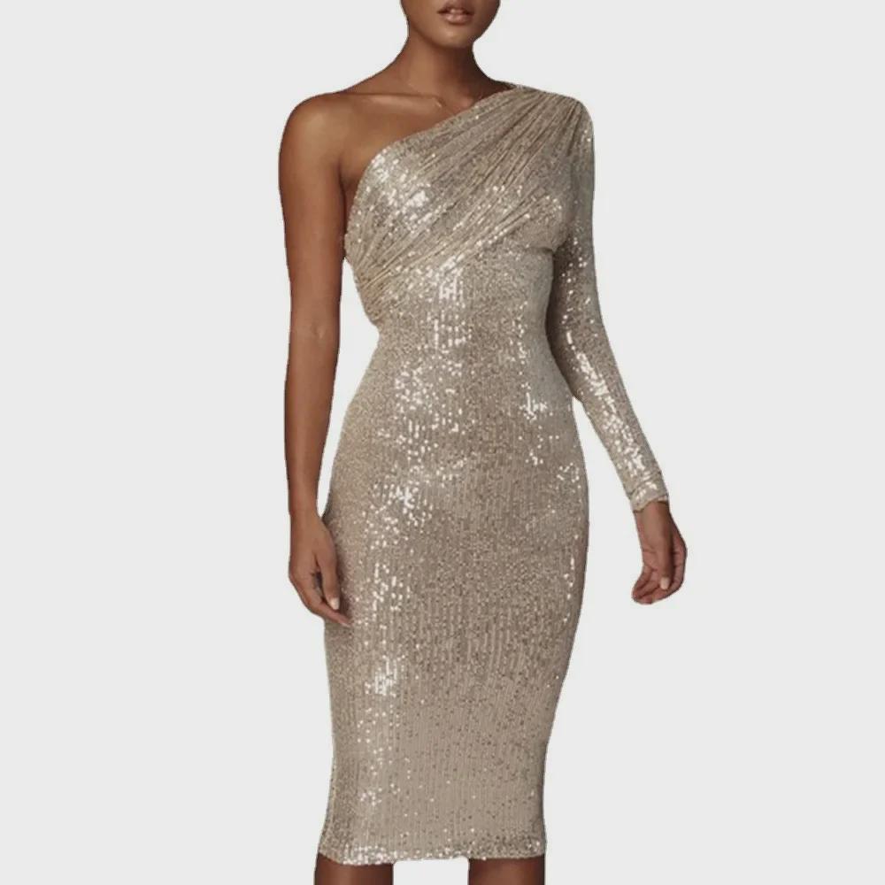 2025 European & American One-Shoulder Sequin Evening Dress with Oblique Collar
