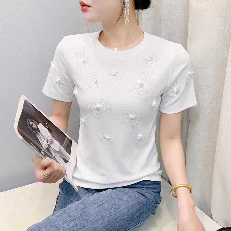 Summer New Fashion Women 100% Cotton Beading Butterfly Designer T-Shirts Short Sleeve Tees Casual Female Tops Shirts