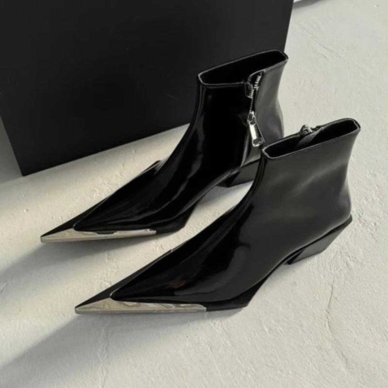 Fashion Spring Autumn New British Style Thick High Heels Pointed Toe Metal Decoration Patent Leather Women Ankle Short Chelsea Boots