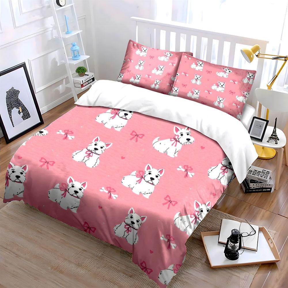 Cute White Dogs with Pink Bows Bedding Duvet Cover Set (1*Duvet Cover 2*Pillowcases, Without Duvet Insert)