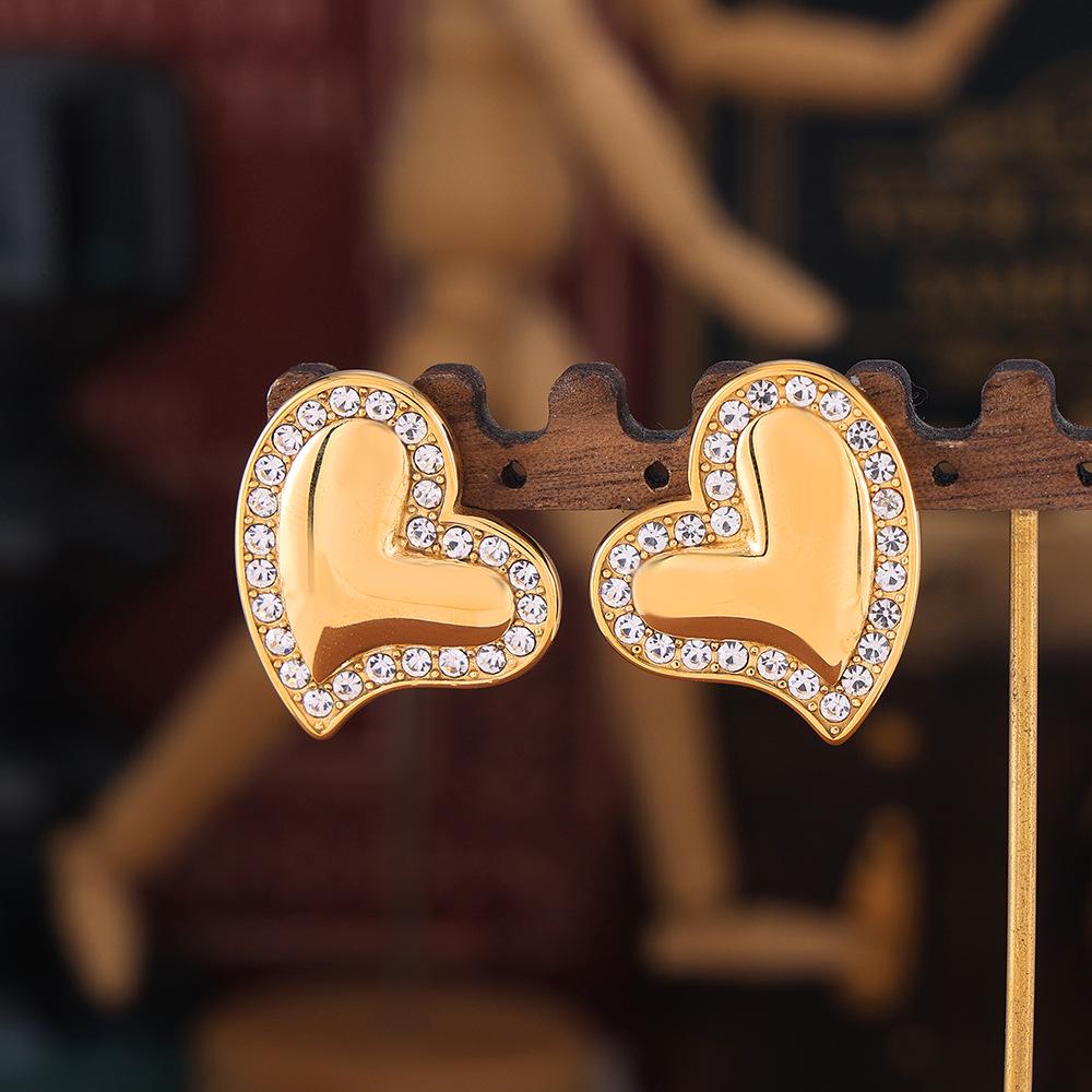 European & American Gold-Plated Titanium Heart Stud Earrings with Diamonds - Women's Fashion Jewelry