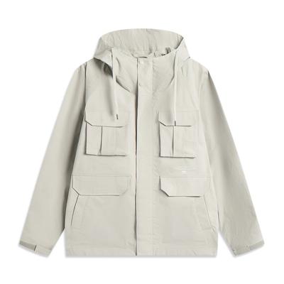 Li Ning Série Estilo de Vida Esportivo Cor Sólida com Zíper Capuz Respirável Versátil Solto Quebra-vento Casaco Masculino Verde-Poeira AFDV187-5