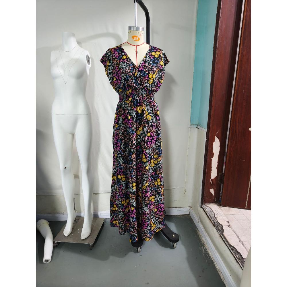 Nuevo Vestido Largo Estampado de Verano con Cuello en V y Manga Corta con Lazo para Mujer Cintura Ajustada
