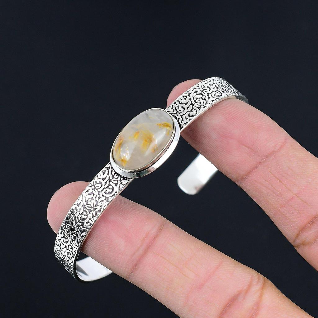 925 Sterling Silver Oval Golden Rutile Stone Sister Art Deco New Bangle Bracelet