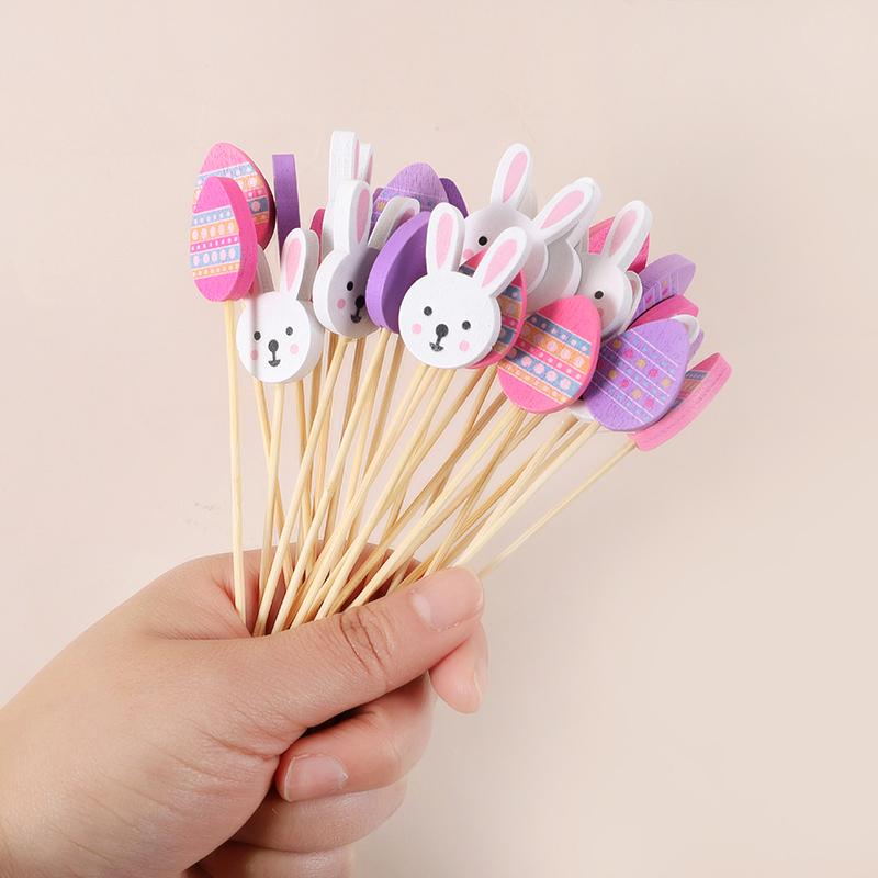 100pcs Easter Disposable Bamboo Skewers Rabbit Eggs Food Picks Fruit Fork Cupcake Buffet Stick Easter Party Decoration Birthday