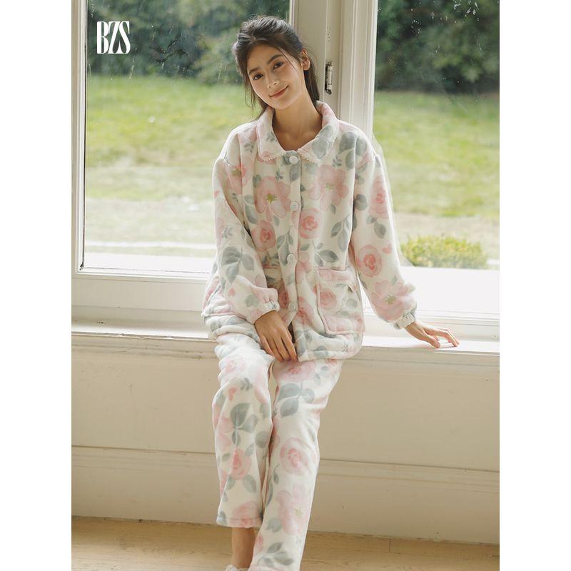 

Fall and Winter New Arrival Fleece-lined Thickened Milk Fiber Cashmere Composite Velvet Two-Tone Rose Print Pajamas Home Wear Suit Pink Rose XL [recommend 67.50 kg-77.50 kg]]