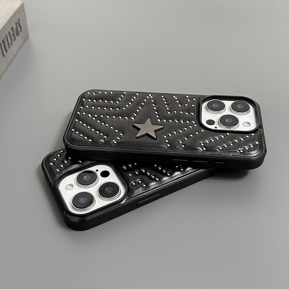 Fashion Silver Rivets Five-pointed Star Leather Shockproof Phone Cover Case for iPhone 17 16 15 14 Pro Max 13 Protective Case