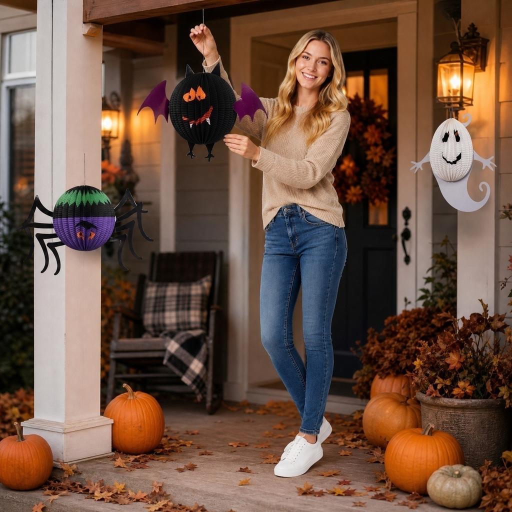 Halloween Paper Hanging Decorations Spider Bat Ghost Paper Lanterns Set for Indoor Outdoor Party Festival Hanging Ornaments