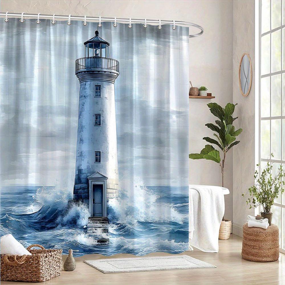 Coastal Lighthouse Shower Curtain Realistic Ocean Scene White Beacon Blue Waters Rugged Sky Polyester Washable with Hooks