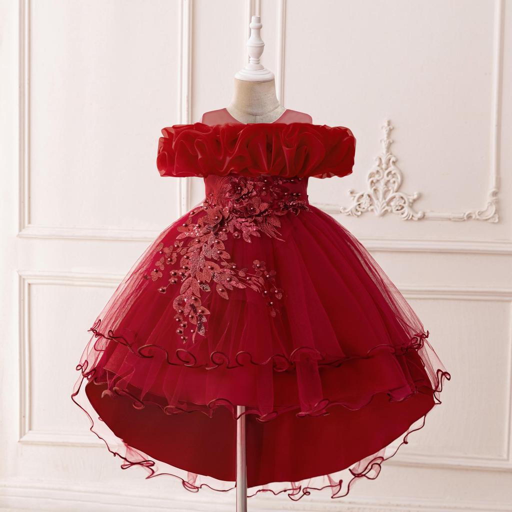 Sequin Princess Train Dress for Girls - Puffy Tulle Wedding and Evening Performance Dress