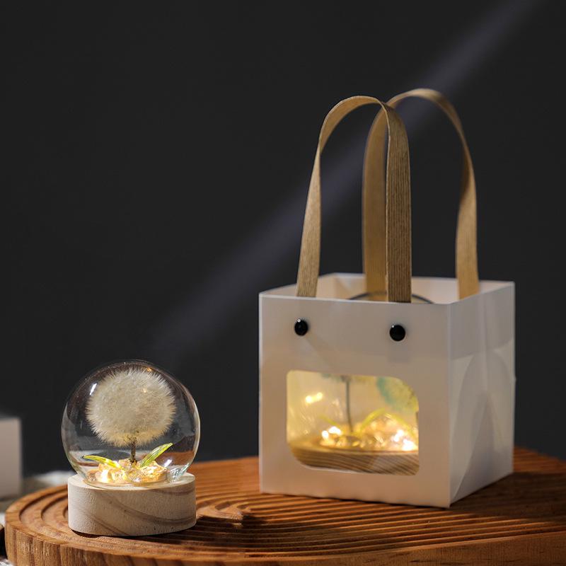 Luminous Dandelion Preserved Flower Bouquet Night Light in Glass Dome - Birthday Gift for Girls or Girlfriend