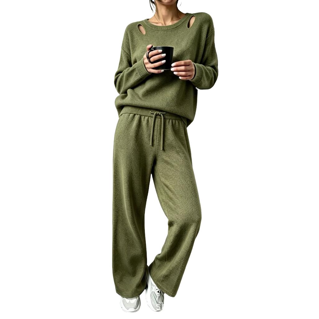 Women's Cutout Off-the-Shoulder Long Sleeve Knit Two-Piece Set for Casual Wear