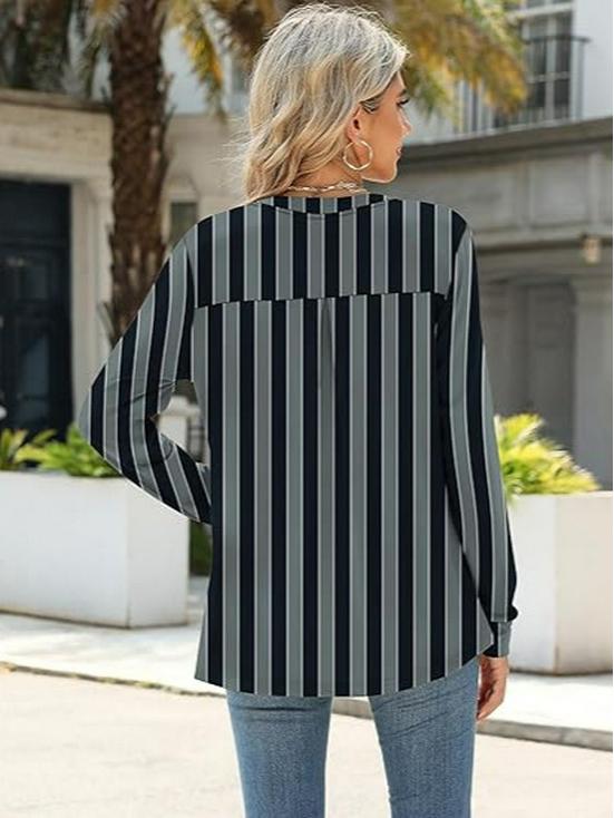 2026 Fall/Winter Women's V-neck Striped Plus Size Loose Long Sleeve Slimming Top