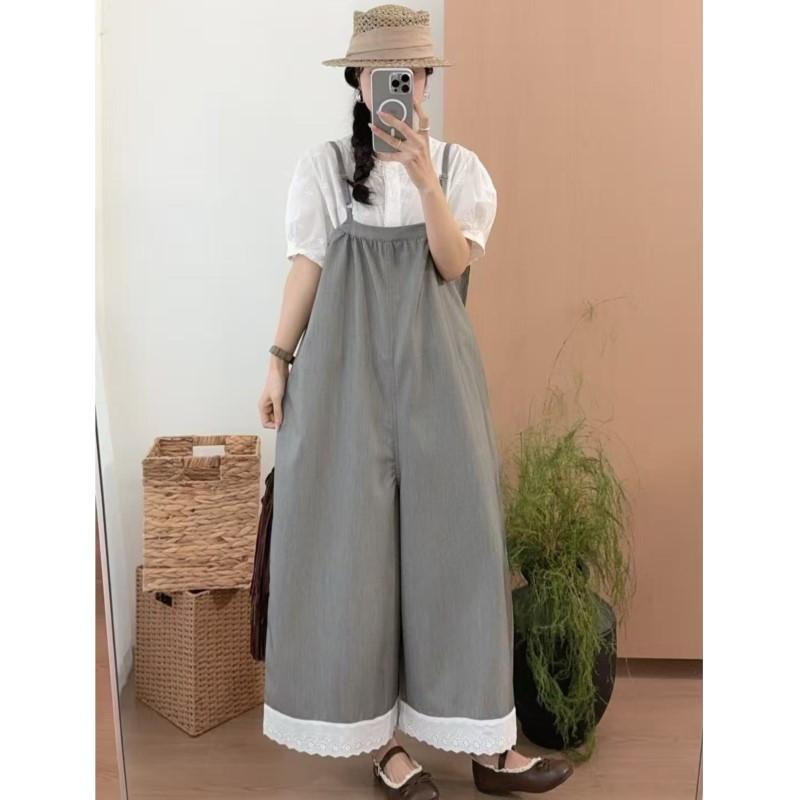 Johnature Casual Japanese Suspender Pants Women Summer Collection Loose Versatile Wide-leg Jumpsuits