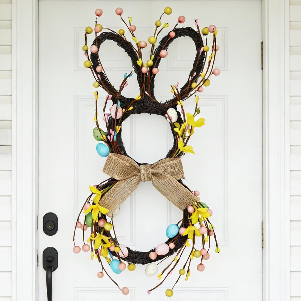 Easter Bunny Rattan Wreath Pendant: Forest-Style Egg Ring Door Hanger Wall Decor