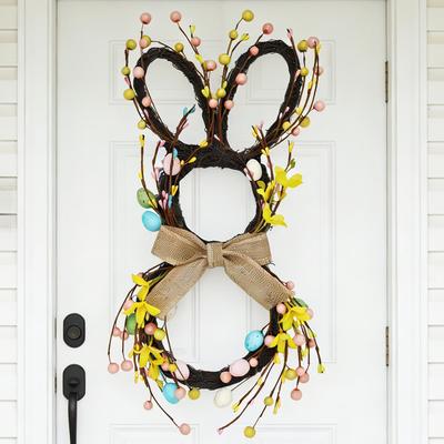 Easter Bunny Rattan Wreath Pendant: Forest-Style Egg Ring Door Hanger Wall Decor