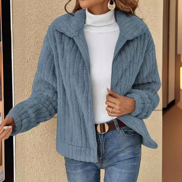 2025 Autumn/winter Women's Clothing, Pit Striped Plush Cardigan, Lapel, Short Jacket, Autumn/winter Jacket, Thick Design, Solid Color