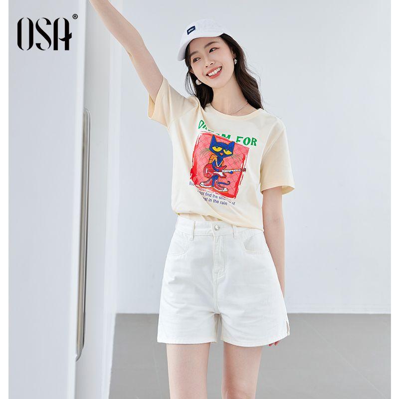 

OSA Cream Beige Printing Summer Loose T-shirt Short Sleeve Meters apricot S