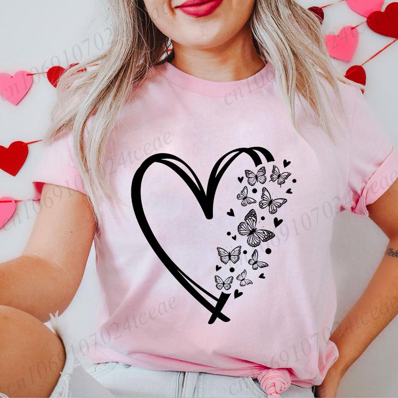 Women's T-Shirts Clothing Valentine Leopard Love Heart Print Tees Breathable Tshirt Loose T-Shirts Harajuku Casual Short Sleeve