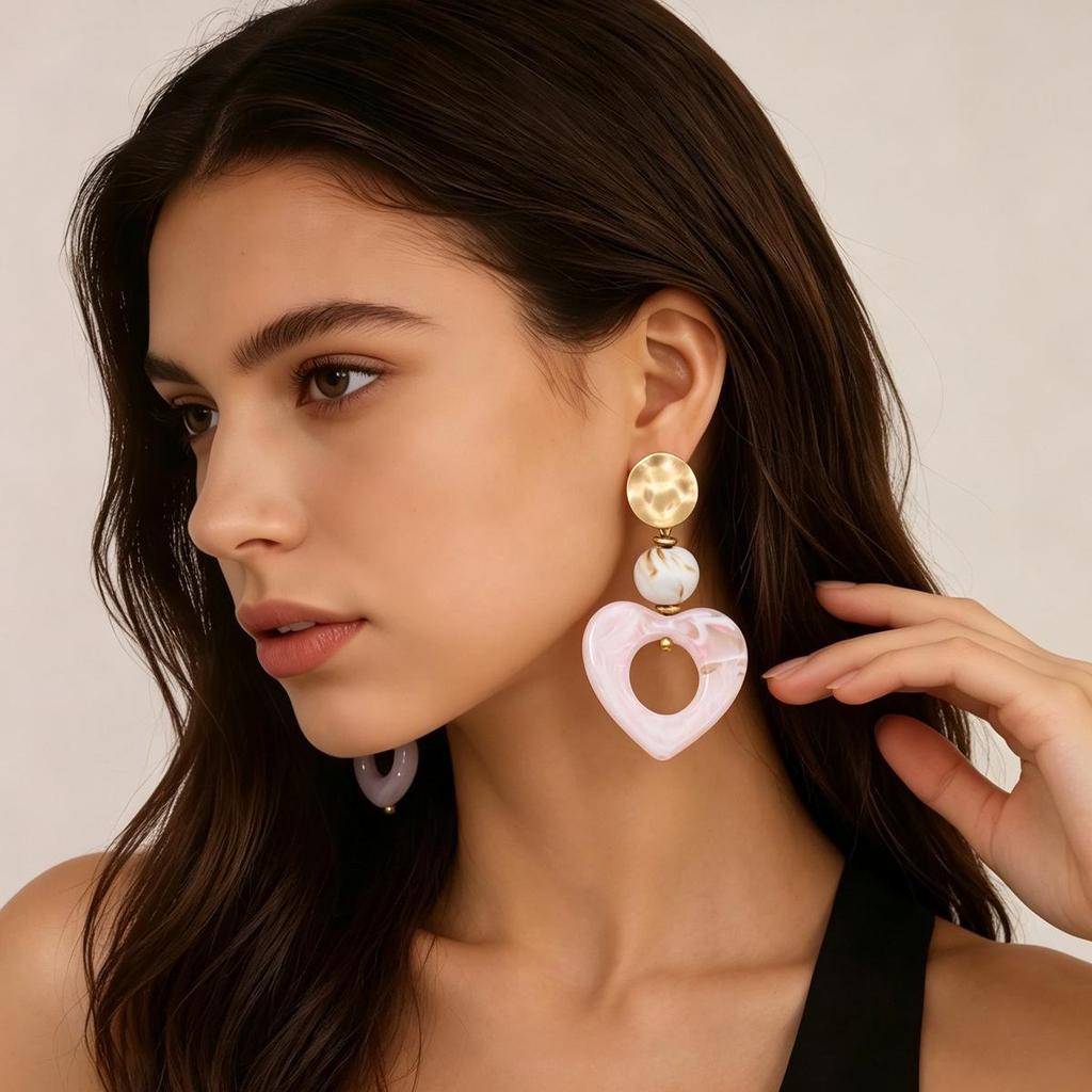 Pink Heart Marbled Stud Earrings - European American Exaggerated Style, Fashion Niche High-Grade Ear Accessories for Women.