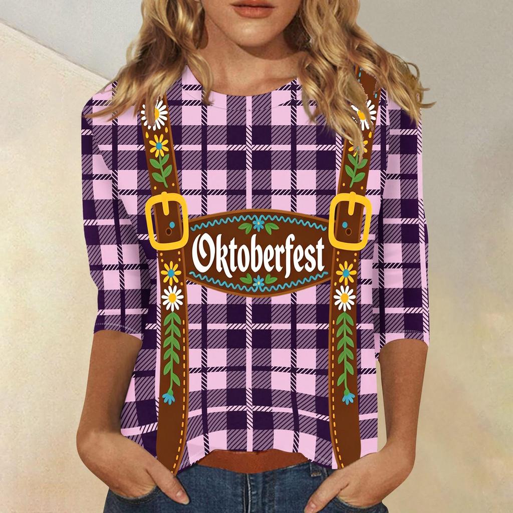 Women's Casual Plaid Three Quarter Sleeve Shirt Oktoberfest Print Round Neck Top Lightweight Soft Fabric Comfortable Fit