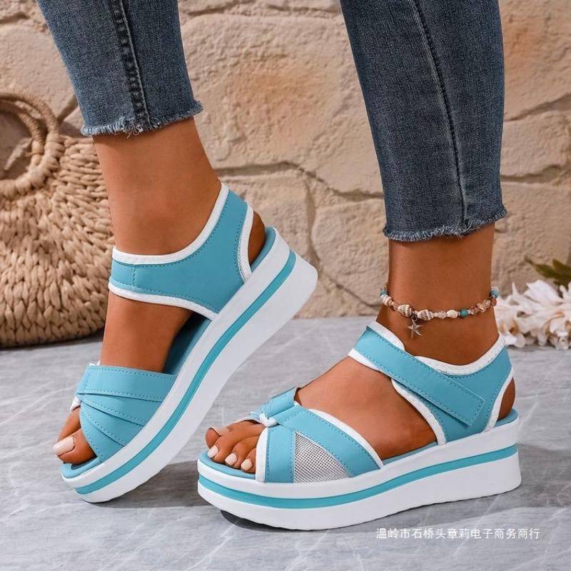New Large-sized Thick-soled Sandals, Women's Flat Velcro Beach Shoes