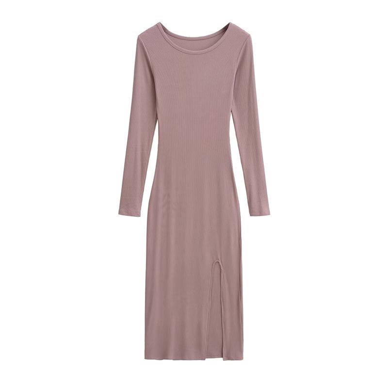 Spring 2026: Spicy Round Neck Long-Sleeve High-Slit Dress - Waist-Cinched, Solid Color, Hip-Hugging Design for Women