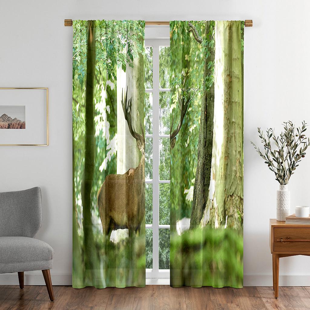 Natural Deer Animal Plant Vibrant Green Window Panel Drapes in Children Bedroom Living Room Hall Treatments Kitchen Decor Drapes Blinds