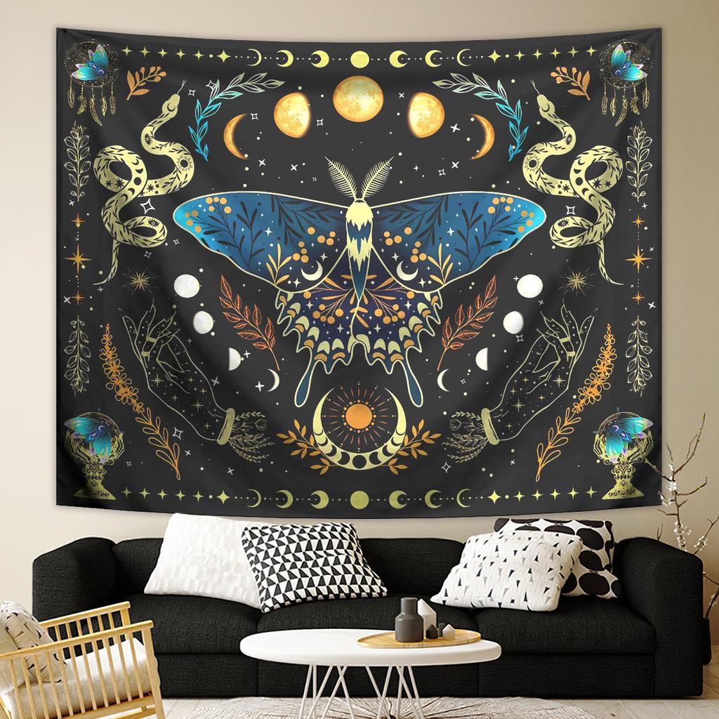 1pc Butterfly Moon Tapestry, Bohemian Plant Tapestry, Aesthetic Moth Snake Tapestry, Retro Plant Starry Sky Tapestry