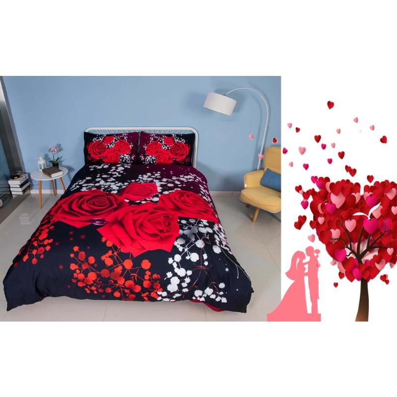 3D Oil Red Rose Bedding Sets 100% Cotton King Queen Size Red Rose Duvet Cover Sets,Queen/Full Size with 2 Pillowcases